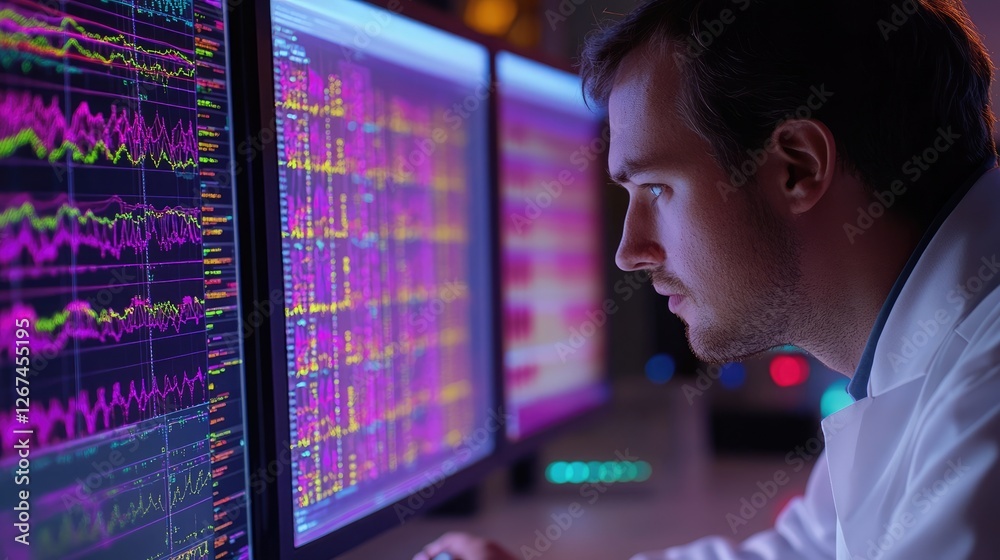 Scientist analyzing data on monitors in lab at night