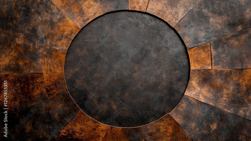 Dark brown and copper tones create a dramatic circular design. The textured surface adds depth and visual interest. Dark brown and copper tones create a dramatic circular design. The textured surface adds depth and visual interest.