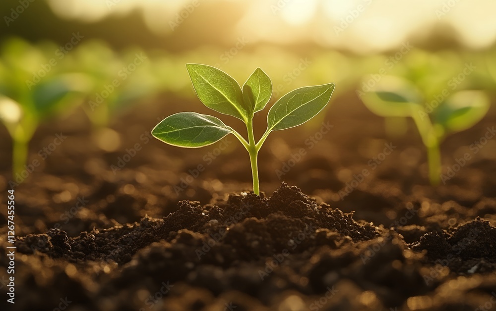 Young green seedling sprouting from rich fertile soil in a sunlit field with warm golden light symbolizing growth nature and sustainable agriculture with a focus on environmental conservation Young green seedling sprouting from rich fertile soil in a sunlit field with warm golden light symbolizing growth nature and sustainable agriculture with a focus on environmental conservation