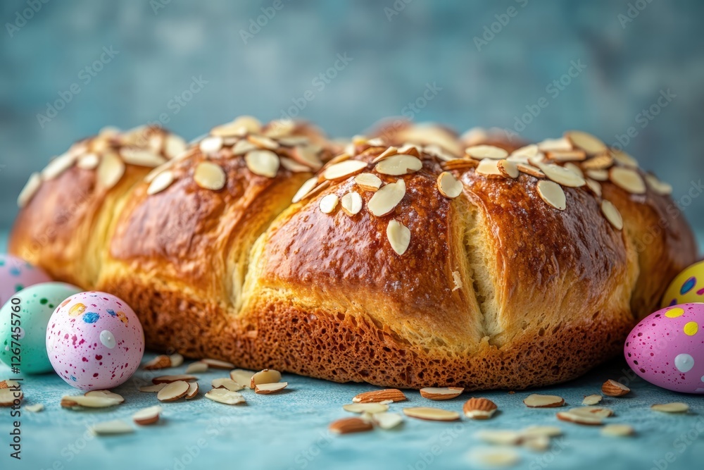 tsoureki Easter bread, sprinkled with sliced almonds and decorated with vibrant hand-painted eggs in traditional Greek Easter colors
