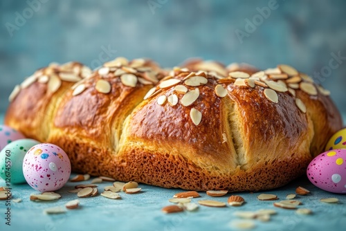 Obraz na płótnie tsoureki Easter bread, sprinkled with sliced almonds and decorated with vibrant hand-painted eggs in traditional Greek Easter colors w salonie