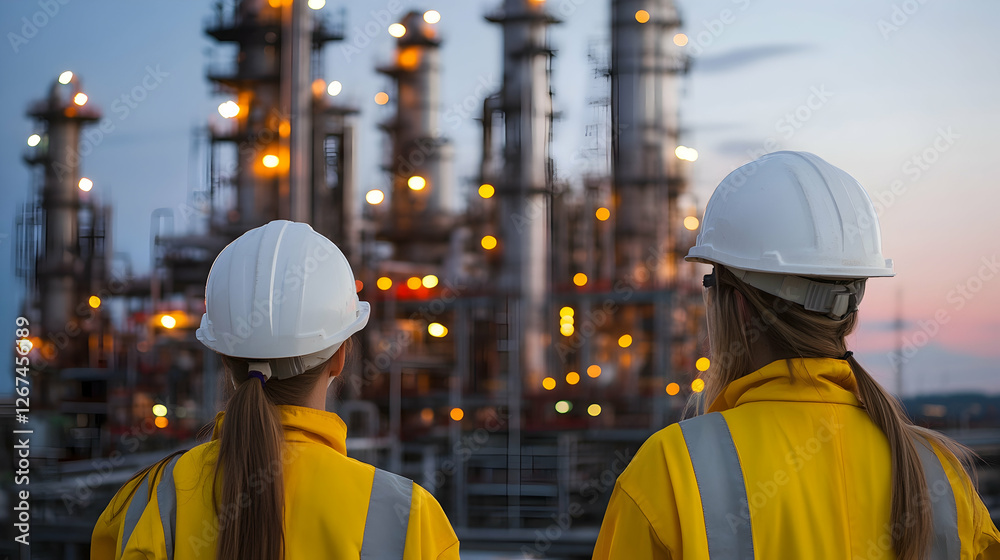Two female engineers in safety gear at an energy power plant, oil and gas industry Two female engineers in safety gear at an energy power plant, oil and gas industry