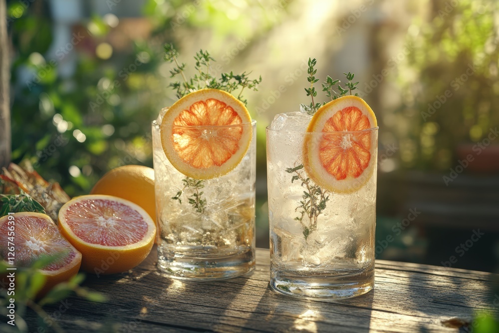 Two refreshing glasses of ice water, each garnished with a slice of grapefruit and a sprig of fresh thyme