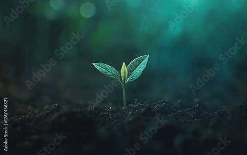 Wallpaper Mural Vibrant young green seedling emerging from dark soil under a dreamlike blue hazy light capturing the beauty of growth nature and environmental sustainability in a serene ecosystem Torontodigital.ca