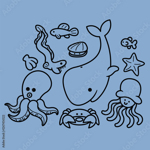 Lineart outline Sea Animal in cute colorful design for kids and education