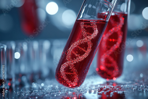 futuristic test tube filled with red liquid, containing a glowing DNA helix. The image represents biotechnology, genetic engineering, and medical research with a high-tech laboratory setting