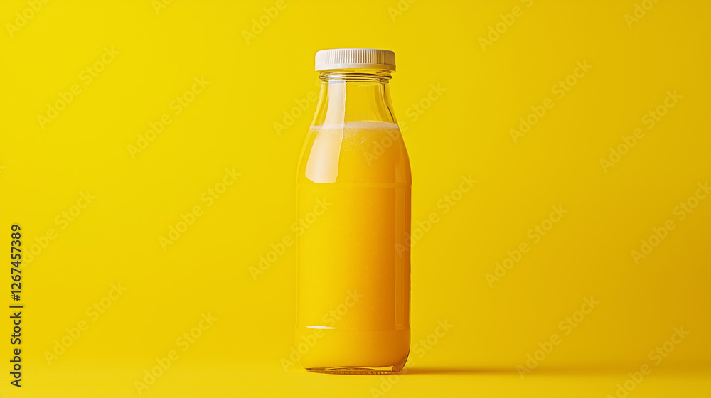 fresh juice in plastic bottle , isolated on yellow background , orange , mango fresh juice in plastic bottle , isolated on yellow background , orange , mango
