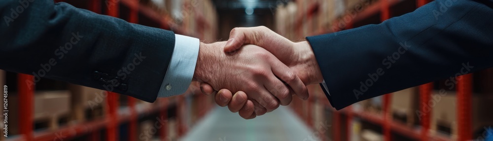 Fototapeta premium Business handshake in warehouse setting symbolizing partnership, agreement, trust, and corporate relations
