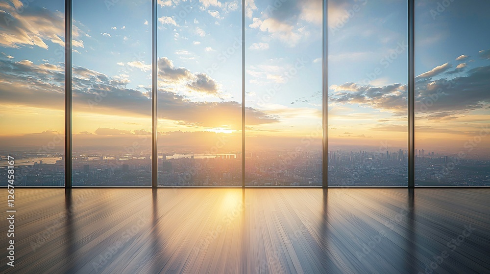 Fototapeta premium Luxurious Empty High-Rise Room with Expansive City Views at Sunset