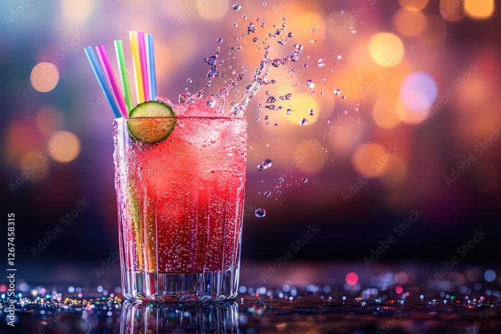 watermelon Agua fresca cocktail in an elegant glass, enhanced with a creative twist of rainbow-colored straws, splashes of juice
