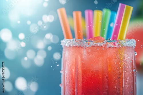 Obraz na płótnie watermelon Agua fresca cocktail in an elegant glass, enhanced with a creative twist of rainbow-colored straws, splashes of juice w salonie
