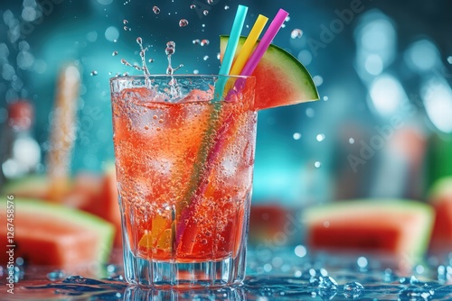 Obraz na płótnie watermelon Agua fresca cocktail in an elegant glass, enhanced with a creative twist of rainbow-colored straws, splashes of juice w salonie