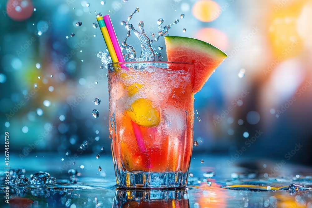 watermelon Agua fresca cocktail in an elegant glass, enhanced with a creative twist of rainbow-colored straws, splashes of juice