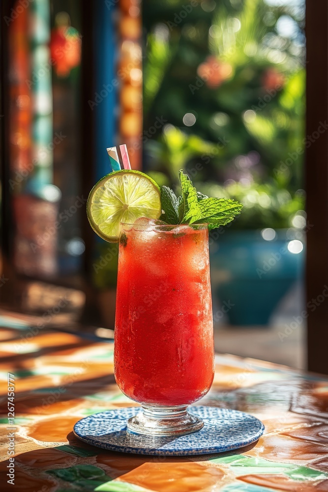 watermelon Agua fresca cocktail, garnished with fresh mint and lime slices