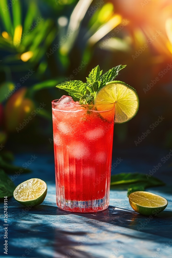 watermelon Agua fresca cocktail, garnished with fresh mint and lime slices