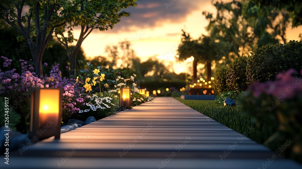 Obraz premium Romantic garden, candlelit pathway with flowers, 3D illustration
