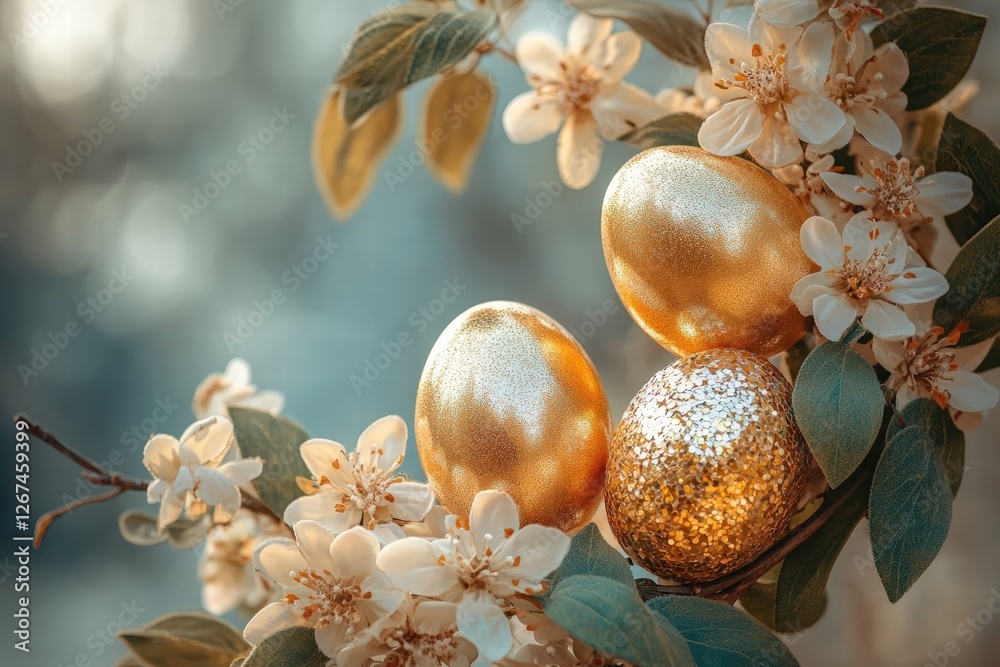 wreath showcasing shiny golden Easter eggs, surrounded by delicate leaves and blossoms