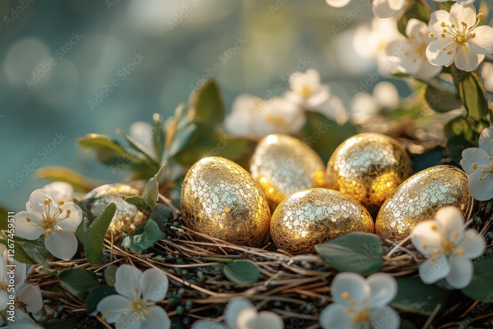 wreath showcasing shiny golden Easter eggs, surrounded by delicate leaves and blossoms