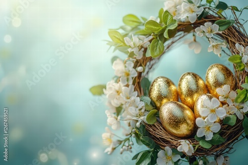Obraz na płótnie wreath showcasing shiny golden Easter eggs, surrounded by delicate leaves and blossoms w salonie