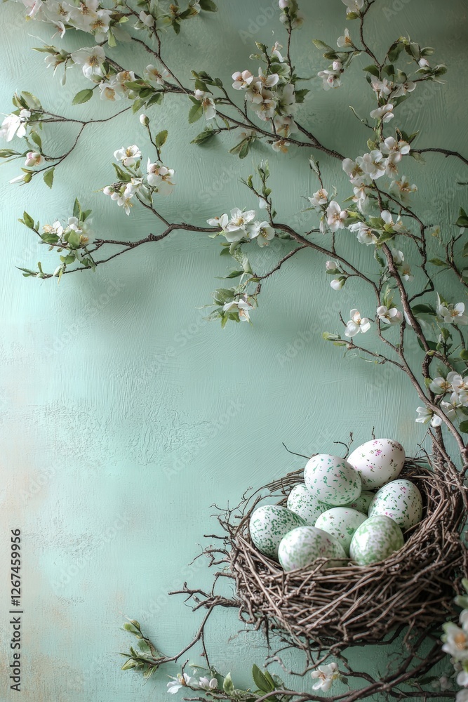 branches adorned with fresh green buds, gracefully arching over a charming nest overflowing with intricately painted Easter eggs