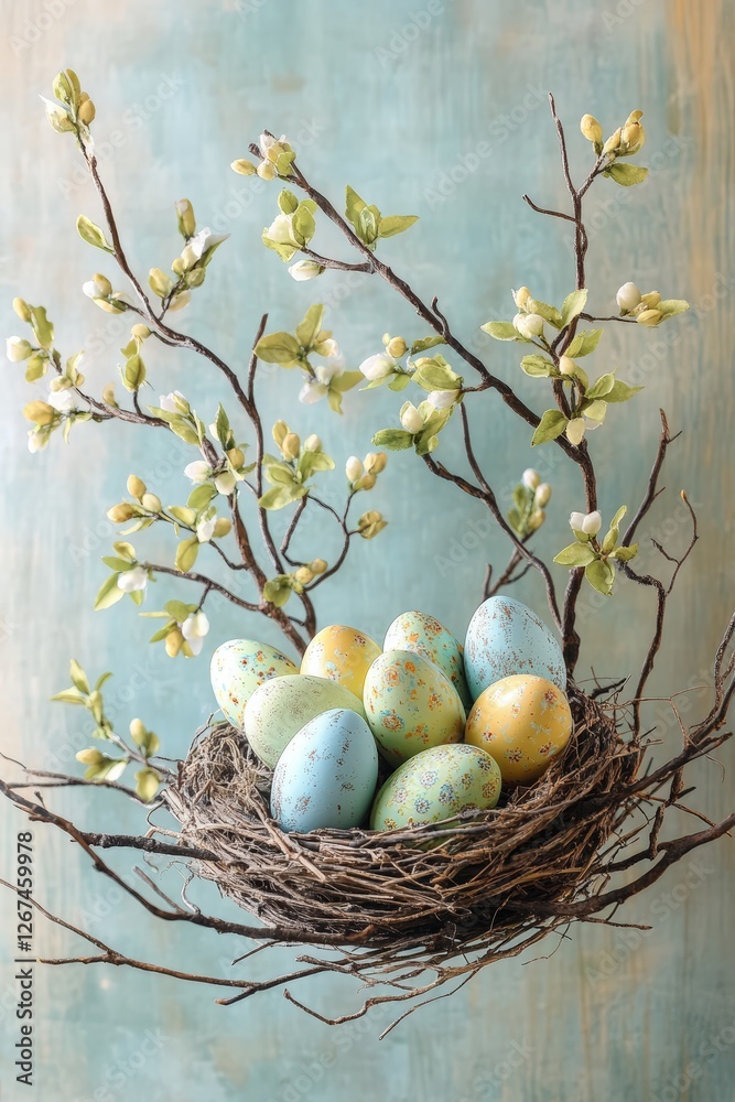 branches adorned with fresh green buds, gracefully arching over a charming nest overflowing with intricately painted Easter eggs