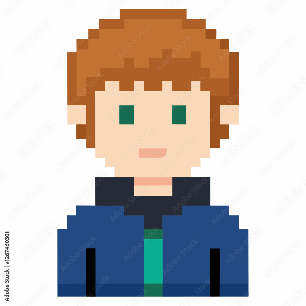 Pixel Art Character with Brown Hair and Green Eyes Wearing Blue Jacket Pixel Art Character with Brown Hair and Green Eyes Wearing Blue Jacket
