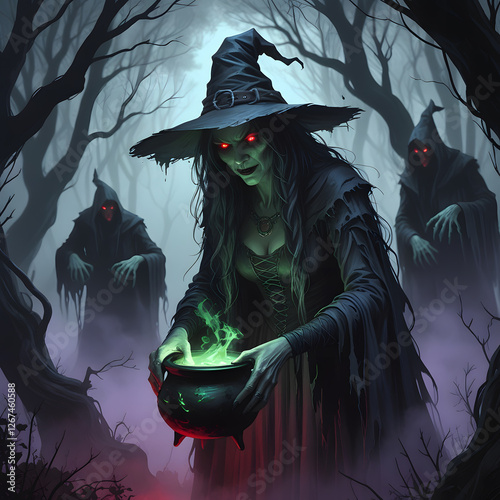 The witch’s long, tattered cloak billows in the cold night air, and she clutches a bubbling cauldron that glows with eerie green light, casting ghostly reflections onto the gnarled tree trunks.