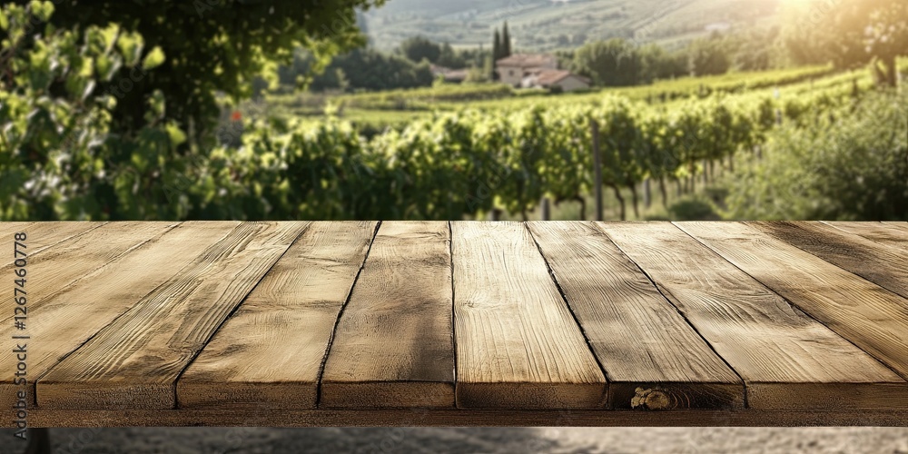 An empty wooden table for product display. blurred french vineyard in the background An empty wooden table for product display. blurred french vineyard in the background