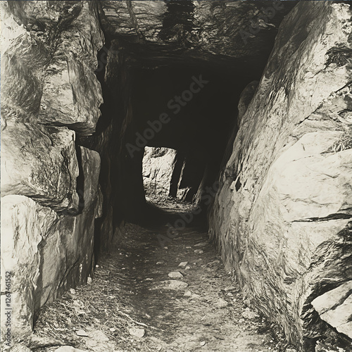The passage through the rock is wide and has a short ceiling, making it a defensible location. The scene is situated on flat ground.