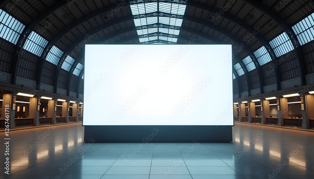 Large blank display screen in an elegant museum hall with a glass ceiling Large blank display screen in an elegant museum hall with a glass ceiling