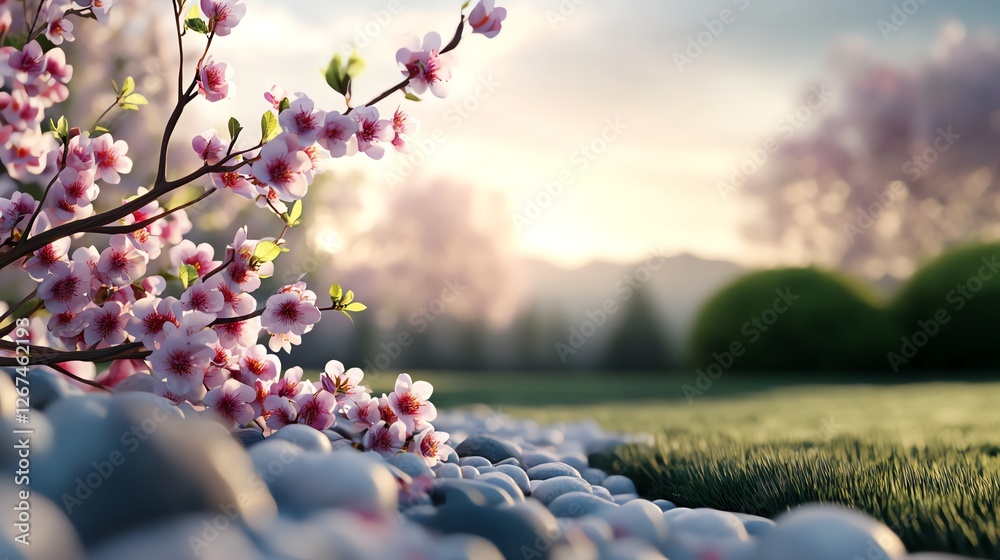 Fototapeta premium Dreamy garden scene, pastelcolored blossoms in soft sunlight, 3D illustration