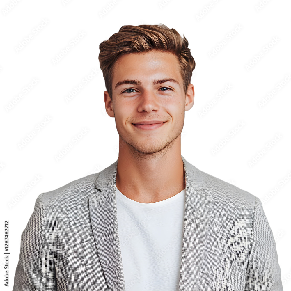 Young man smiles confidently in a light jacket against a neutral background Young man smiles confidently in a light jacket against a neutral background