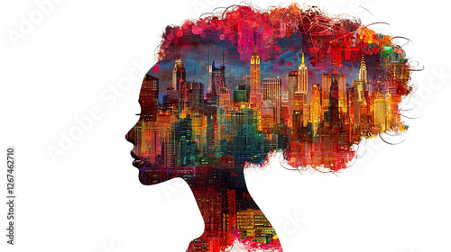 Woman's head with a cityscape in the background