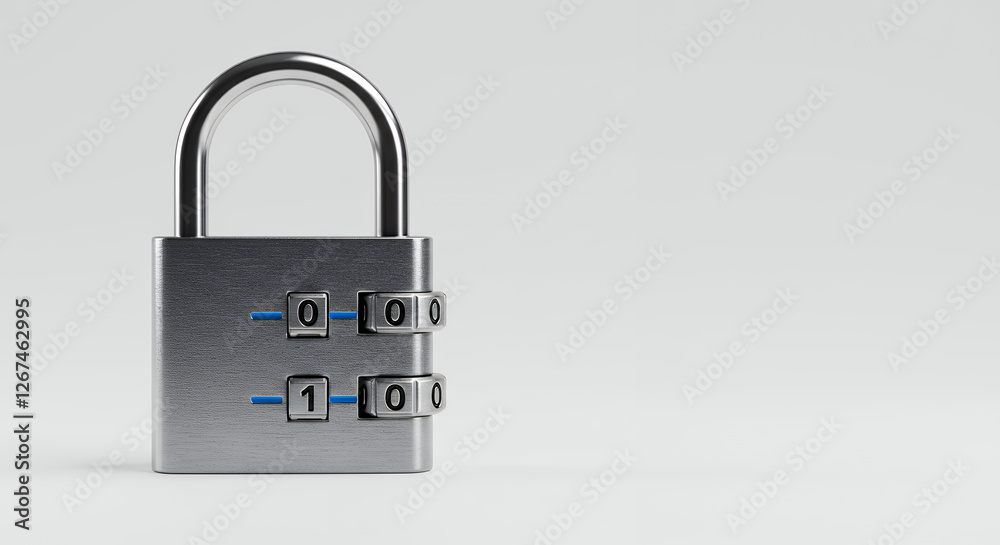 Combination Lock: Security, Protection, and Privacy. Metal Padlock with 0100 Code. Digital, Safe. Close-up. Isolated Combination Lock: Security, Protection, and Privacy. Metal Padlock with 0100 Code. Digital, Safe. Close-up. Isolated