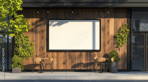 blank billboard in front of a building . Wall Mounted Storefront Sign Mockup