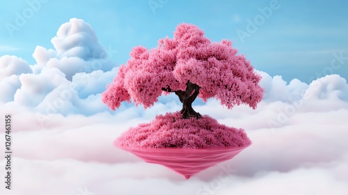 Floating sakura islands, surreal dreamy cherry blossom landscape, 3D illustration photo