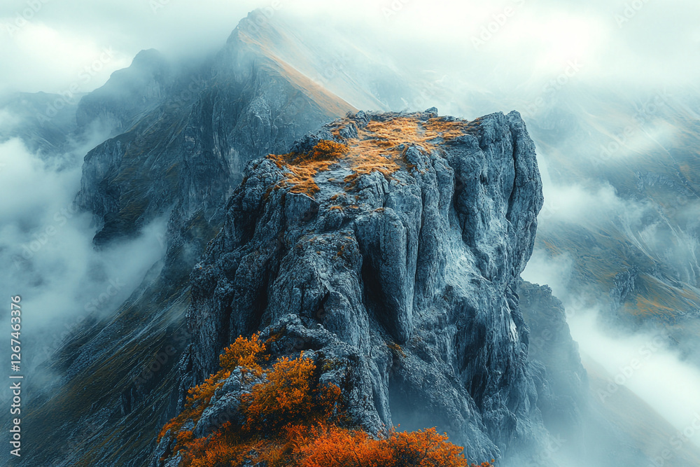 Naklejka premium Ephemeral Heights, Misty Mountainscape with Jagged Rock Formation