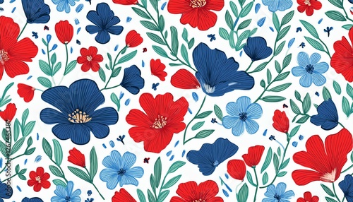 seamless pattern with red and blue flowers on white background hand drawn floral pattern for your fabric summer background wallpaper backdrop textile  illustration