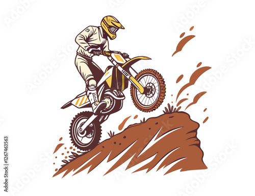 An off-road dirt bike kicking up dust as the rider performs a mid-air jump over rugged terrain, motocross rider vector illustration