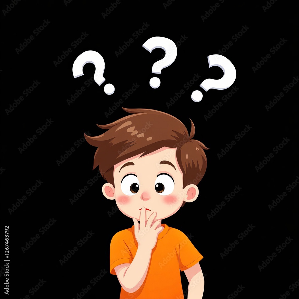 Cartoon boy in orange shirt, pondering with question marks Cartoon boy in orange shirt, pondering with question marks