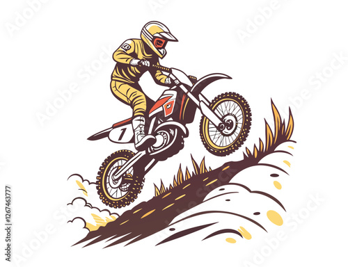 An off-road dirt bike kicking up dust as the rider performs a mid-air jump over rugged terrain, motocross rider vector illustration