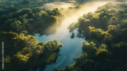 Wallpaper Mural Misty river landscape with lush greenery and sunlight piercing through trees Torontodigital.ca