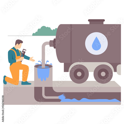 Engineer pointing to Underground pipes damage with visible leakage concept Water supply Tanker filling cistern vector design, plumbing worker banner Handyman Service scene HVAC technician illustration