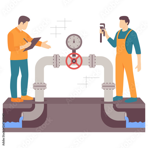 Engineer Managing Process Water in Underground Mining concept, Valve Control and Pipe Repair vector design, plumbing worker banner, Handyman Services scene, HVAC technician Stock illustration