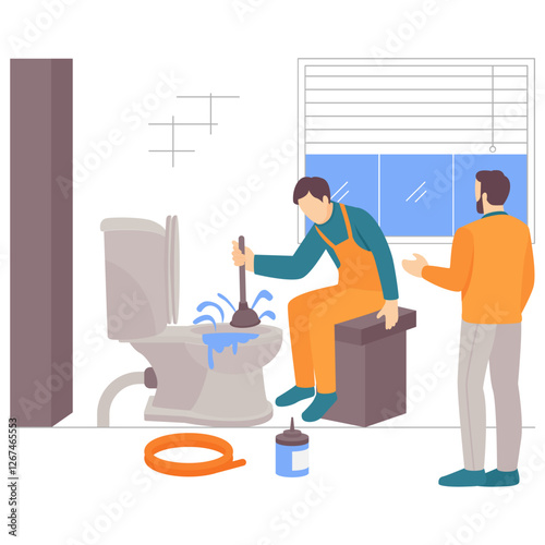 plumber unclogging toilet with plunger while water splashes out concept homeowner gesturing asking for blockage vector design plumbing worker banner Handyman Service scene HVAC technician illustration