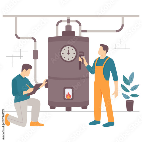 two professionals working on large water heater boiler concept, Technicians Ensuring Optimal Heating system Performance vector design, plumbing worker banner Handyman Services scene, HVAC illustration