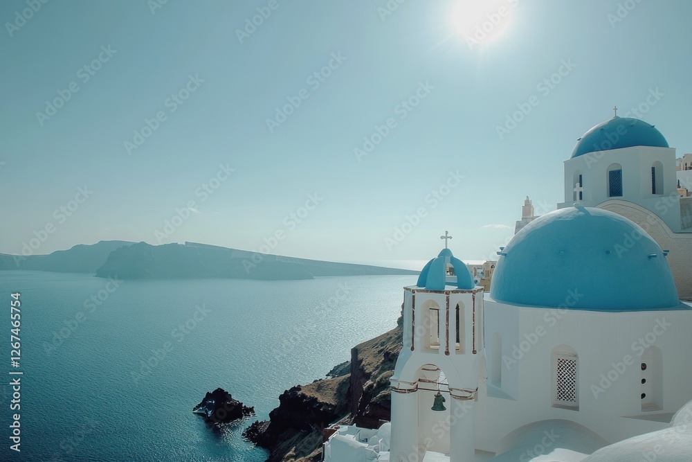 Fototapeta premium Santorini church overlooking caldera. Scenic view. Possible use Stock photo