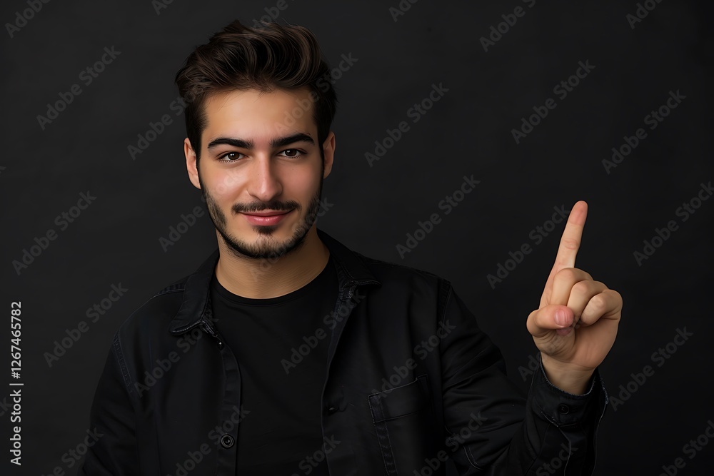 Young Man in Black Jacket Pointing Upwards on Dark Background Young Man in Black Jacket Pointing Upwards on Dark Background