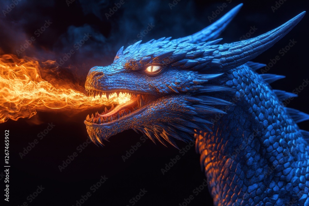 Majestic Blue Dragon Breathing Fire Majestic Blue Dragon Breathing Fire