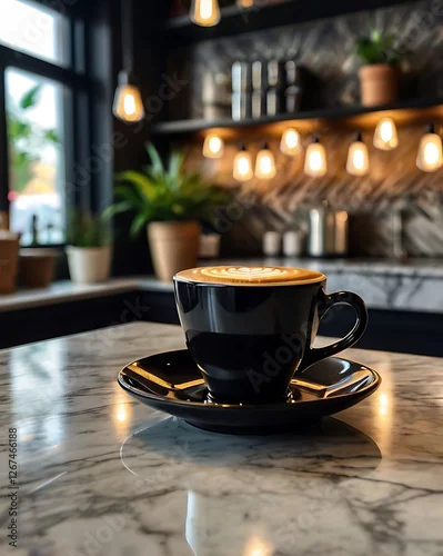Fototapeta A beautifully crafted cup of coffee with intricate latte art, served in a stylish café with warm lighting and a relaxing ambiance